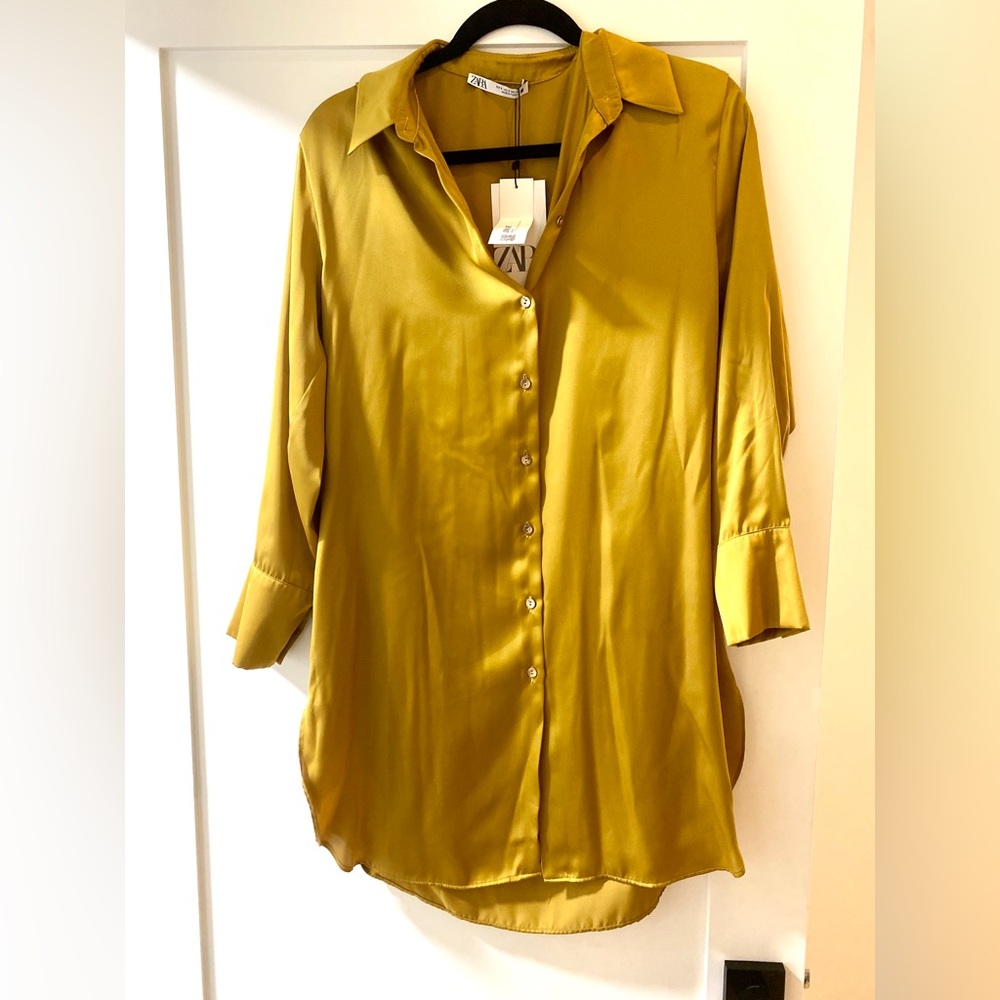 Zara Olive Green Satin Button-Up Blouse